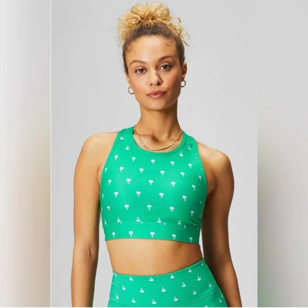 Fabletics Green Palm Print Sports Bra & Biker Short Set Sz M | NWOT - Picture 3 of 14